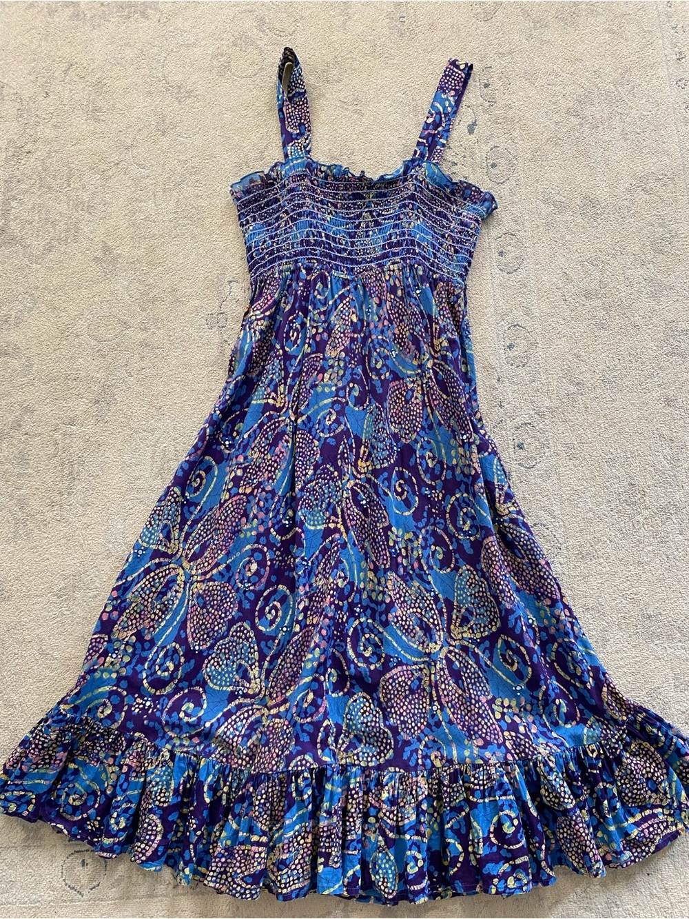 Vintage Y2K GAP Midi Dress Medium Shirred Smocked Empire Floral Cotton Blue